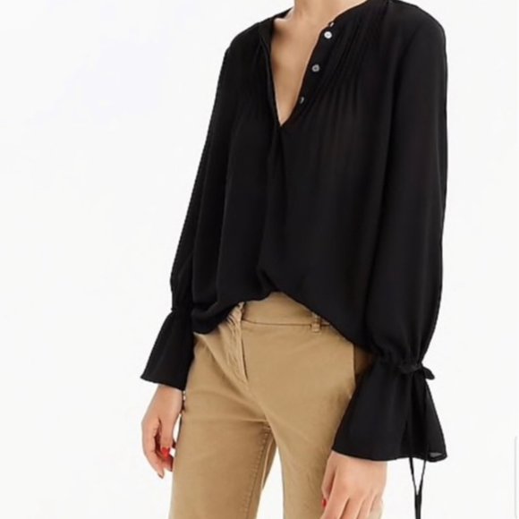 J Crew Black Bell Sleeves Blouse with Pintucks - Picture 1 of 8